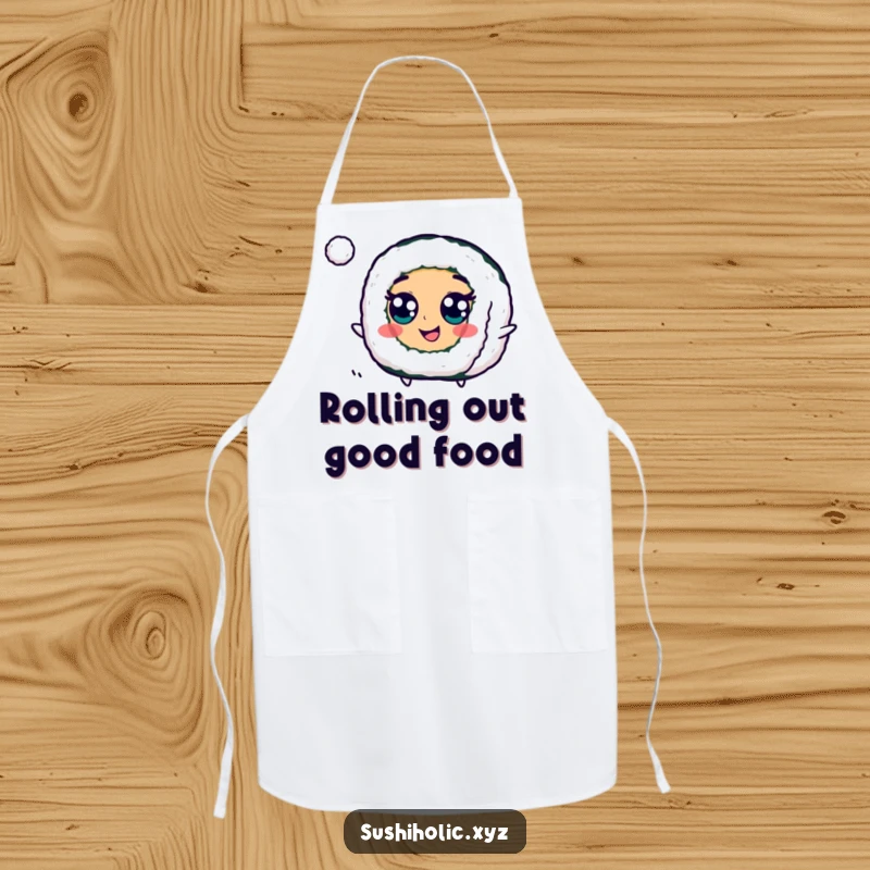Funny Maki Roll Apron showing a happy sushi with googly eyes, playfully bouncing a small ball during cooking, a humorous kitchen accessory.