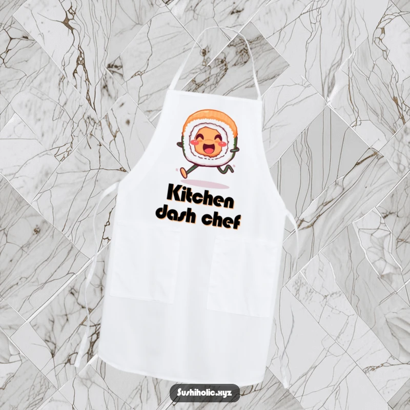 Funny apron, smiling sushi roll with legs running cheerfully, humorous kitchen attire for food lovers.