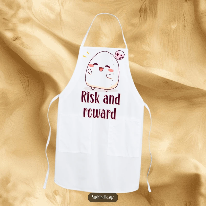Funny apron with a smiling onigiri character enthusiastically tossing a tiny dice, ready for culinary adventures and game nights.