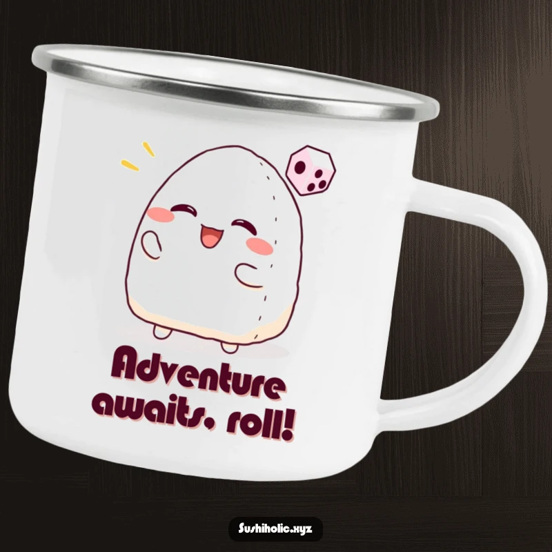 Funny camping mug with a smiling onigiri character tossing a tiny dice, perfect for outdoor gaming sessions.