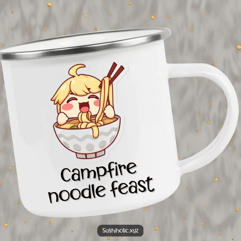 Funny camping mug with a delighted ramen bowl character enthusiastically slurping noodles, perfect for enjoying meals outdoors.