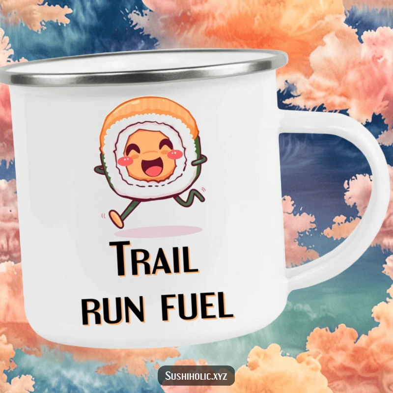 Funny camping mug, smiling sushi roll with legs running cheerfully, sturdy and humorous outdoor drinkware.