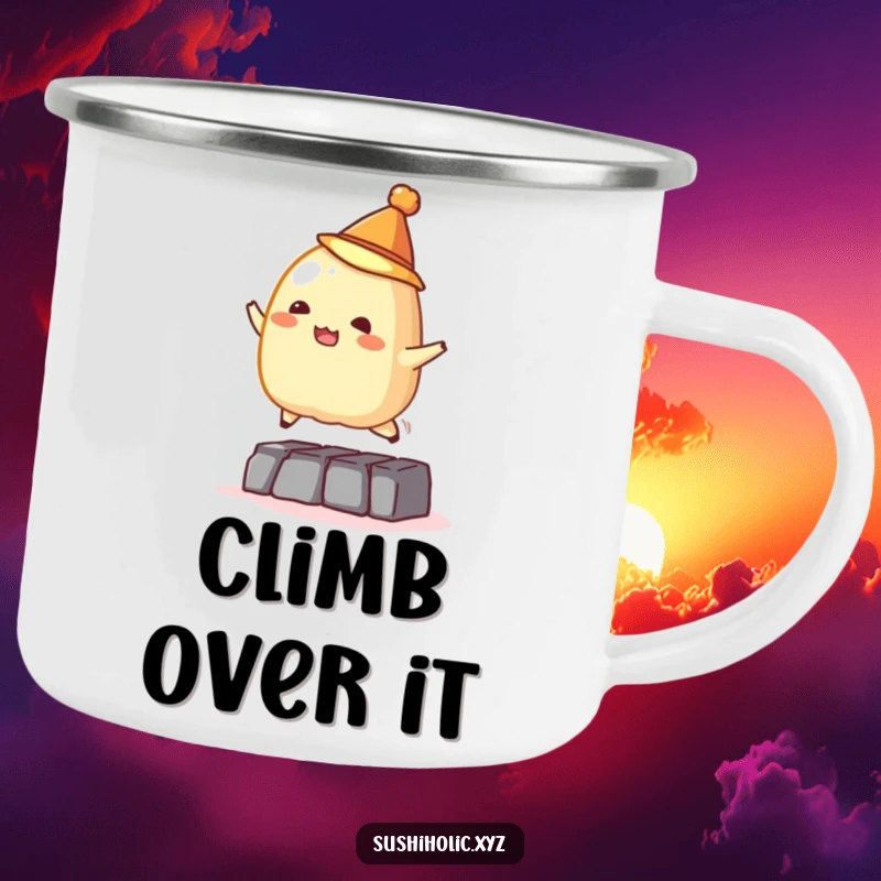 Funny camping mug, mischievous tamago sushi wearing a tiny hat jumping over an obstacle, sturdy and humorous outdoor drinkware.