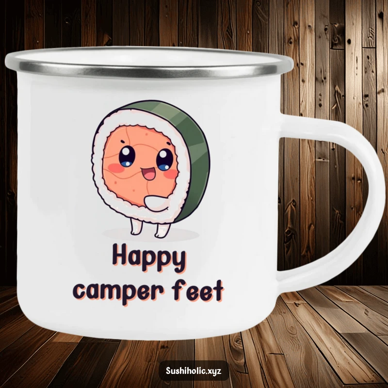 Funny camping mug, playful tuna sushi character happily wiggling its foot, sturdy and humorous outdoor drinkware.