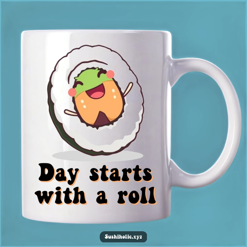 Funny Sushi Roll Mug: Joyful Character Rolling Downhill - Hilarious Gift