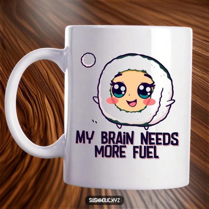 Funny Maki Roll Mug showing a cheerful sushi with googly eyes energetically bouncing a tiny ball, a playful and happy character.