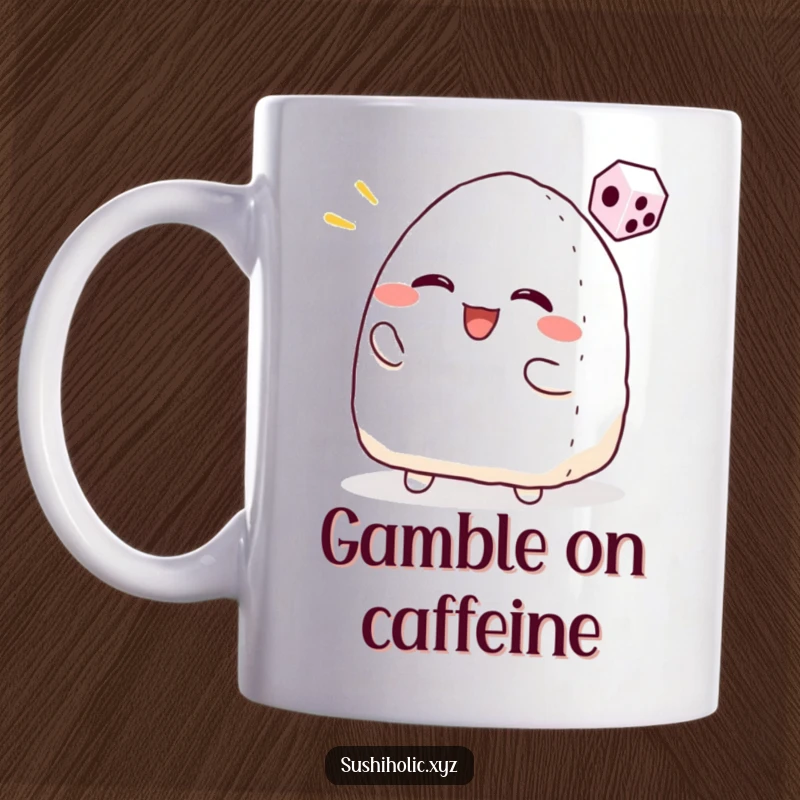 Funny mug depicting a smiling onigiri character gleefully tossing a tiny dice, radiating excitement and a love for games.