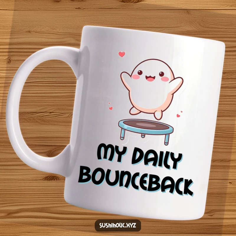 Funny Mochi Mug featuring a joyful mochi character energetically bouncing high on a miniature trampoline, spreading happiness.