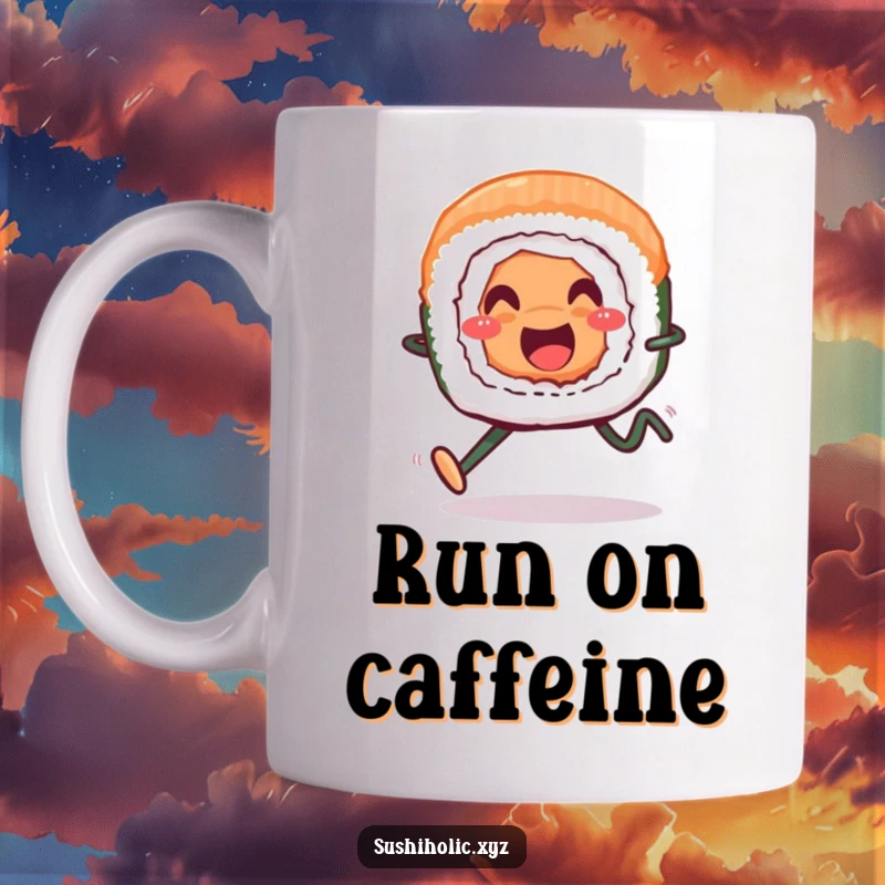 Funny mug, a smiling sushi roll with legs cheerfully running across a bright background, humorous food character design.
