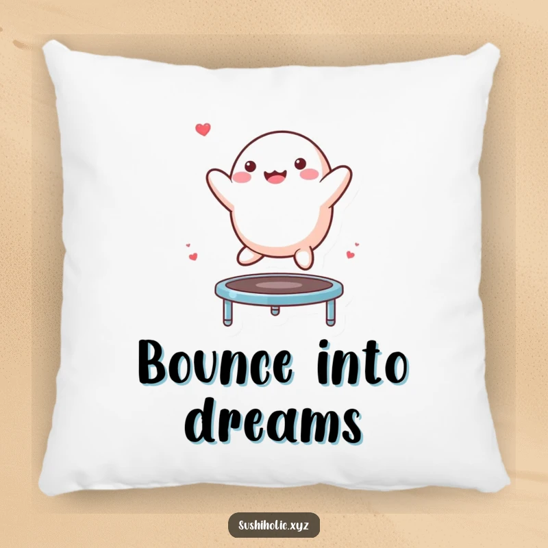 Funny Mochi Pillow showing a delighted mochi character having fun bouncing on a tiny trampoline, ideal for comfort and humor.