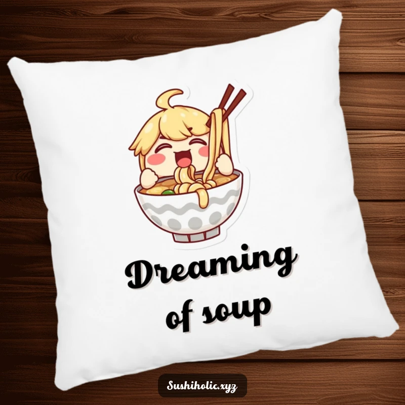 Funny pillow featuring a delighted ramen bowl character enthusiastically slurping noodles, adding cozy comfort and humor.