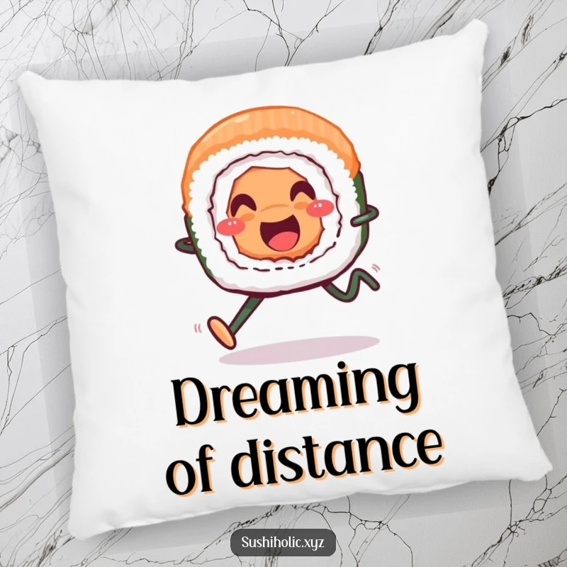 Funny pillow, smiling sushi roll with legs running cheerfully, soft and humorous food-themed home decor.