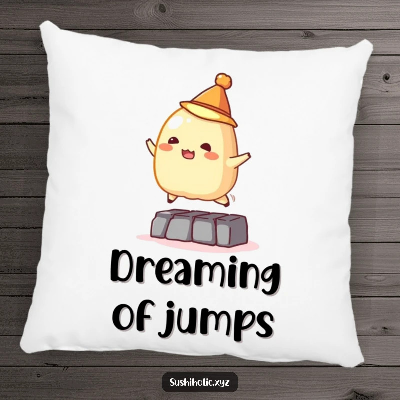 Funny pillow, mischievous tamago sushi wearing a tiny hat jumping over an obstacle, soft and humorous food-themed home decor.