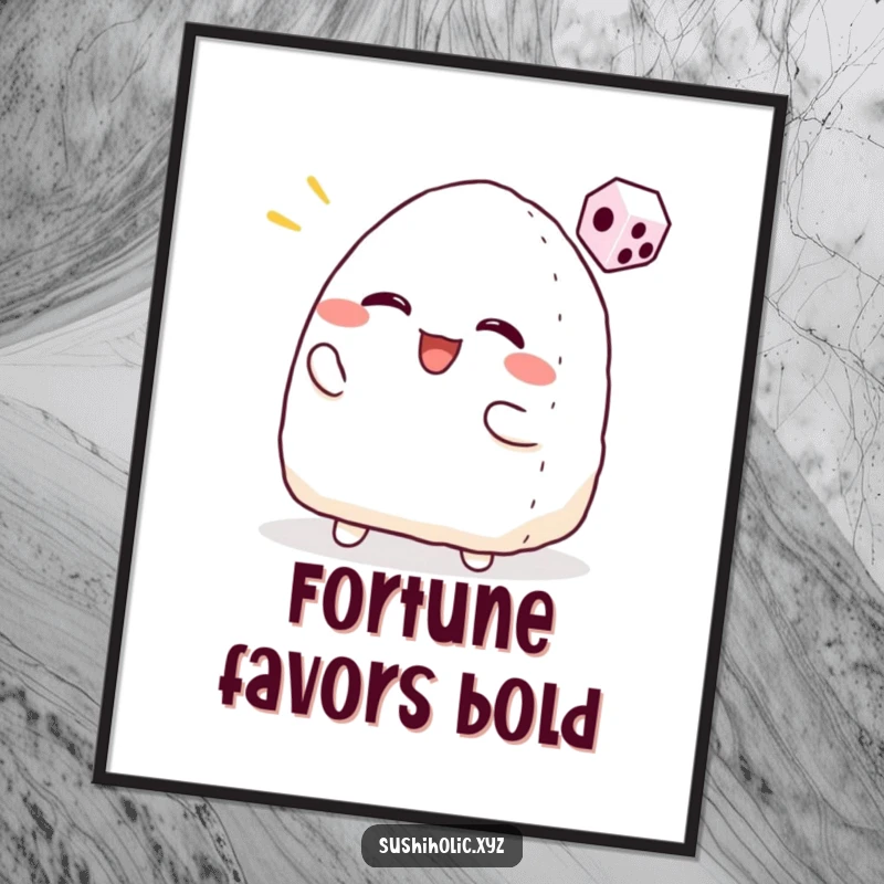 Funny digital art print of a smiling onigiri character tossing a tiny dice with great excitement, capturing the joy of gaming.