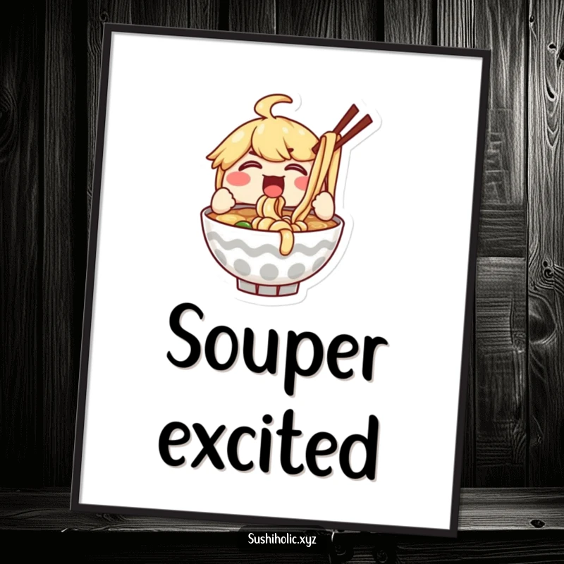 Funny digital art print of a delighted ramen bowl character enthusiastically slurping noodles, capturing pure joy and satisfaction.