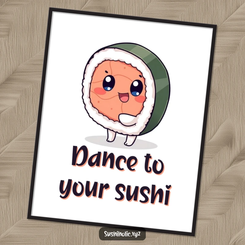 Funny digital art print, playful tuna sushi character happily wiggling its foot, cheerful and humorous food illustration.