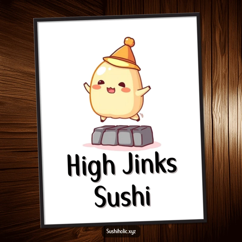 Funny digital art print, mischievous tamago sushi wearing a tiny hat jumping over an obstacle, cheerful and humorous food illustration.