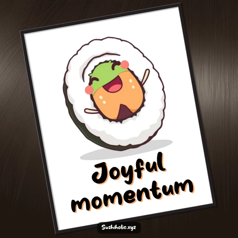 Funny digital art print of a joyful sushi roll character happily grinning as it rolls downhill, capturing pure, unadulterated fun.