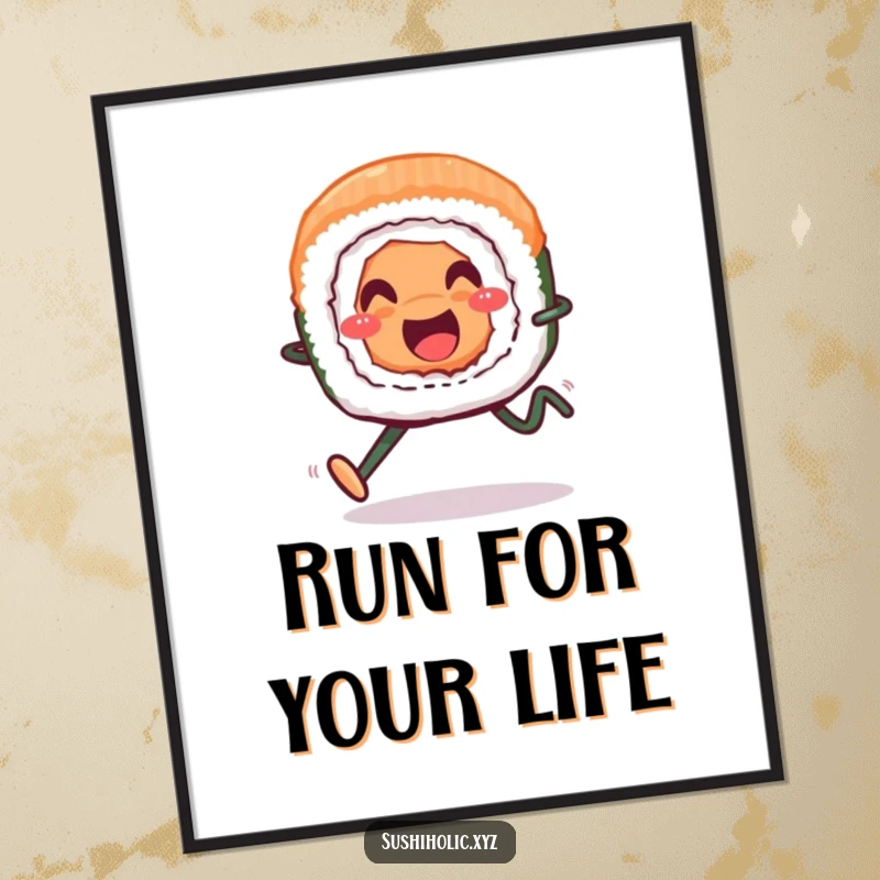 Funny digital art print, smiling sushi roll with legs running cheerfully, energetic and humorous food illustration.