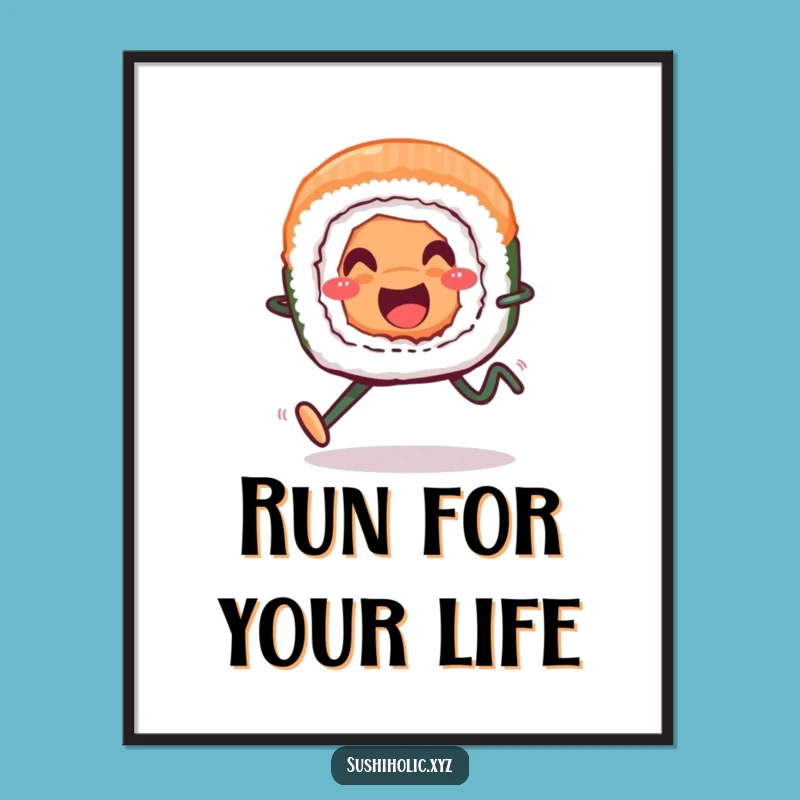 Funny Smiling Sushi Roll Digital Art - Cheerful Running Printable, Instant Gift