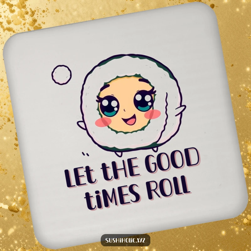 Funny Maki Roll Coaster featuring a cheerful sushi character with googly eyes, playfully bouncing a tiny ball, a cute and functional item.