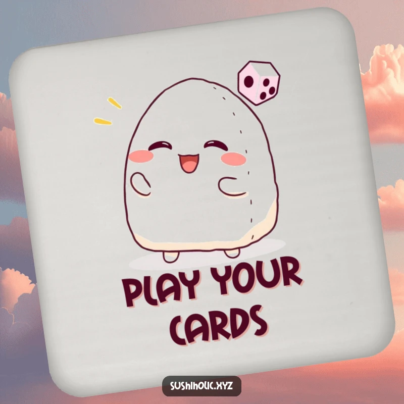 Funny coasters featuring a smiling onigiri character tossing a small dice, perfect for protecting surfaces with gamer style.