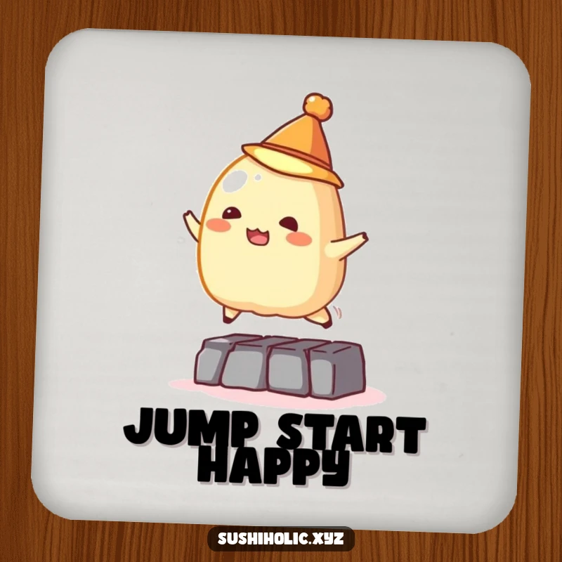 Funny drink coasters, mischievous tamago sushi wearing a tiny hat jumping over an obstacle, humorous food design, surface protection.