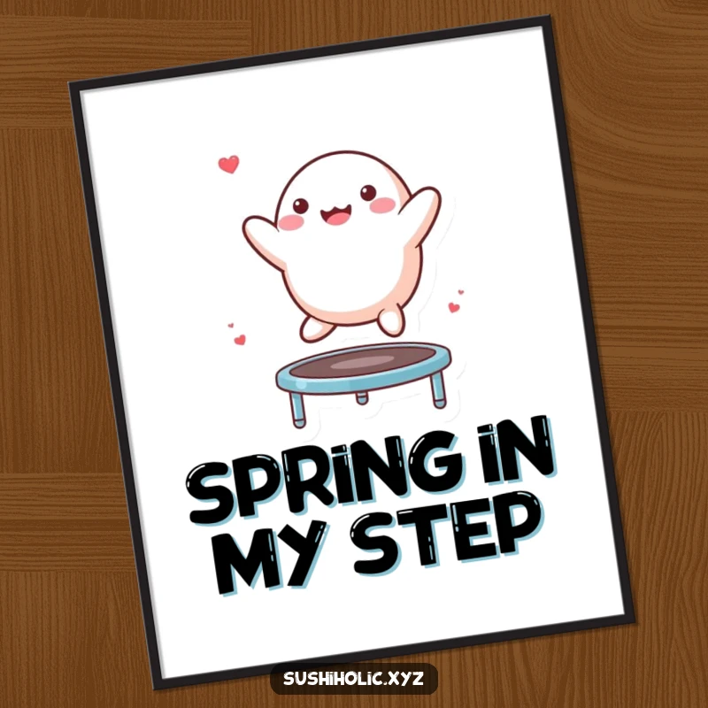 Funny Mochi Poster featuring a joyous mochi character executing a thrilling bounce on a miniature trampoline, perfect for playful decor.