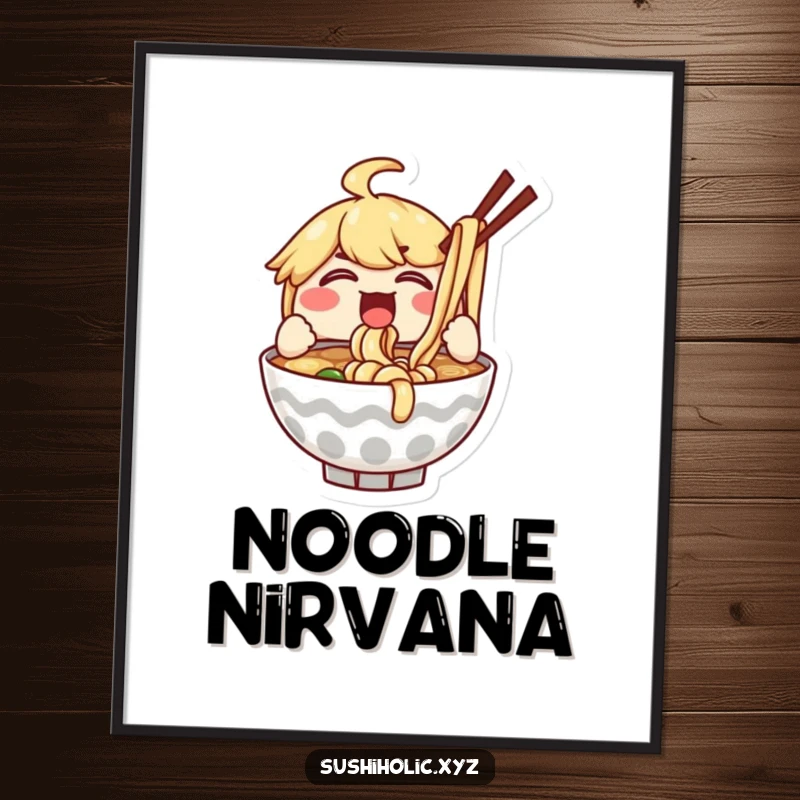 Funny poster of a delighted ramen bowl character enthusiastically slurping noodles, capturing the essence of a satisfying meal.