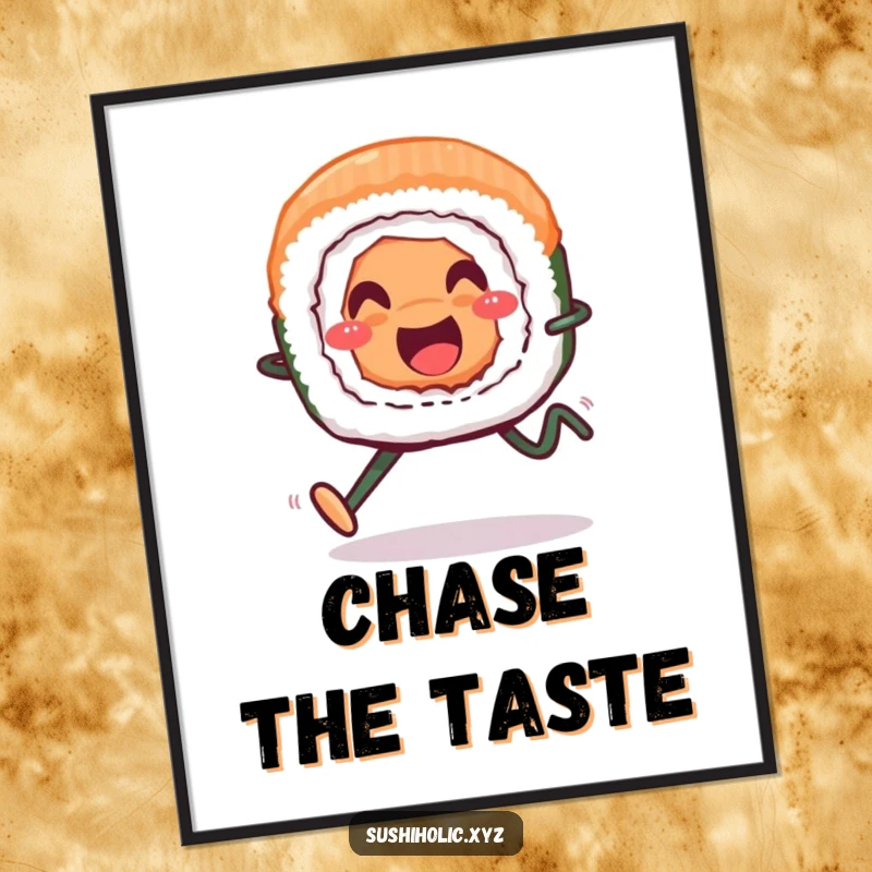 Funny poster, smiling sushi roll with legs running cheerfully across a bright background, humorous food art print.