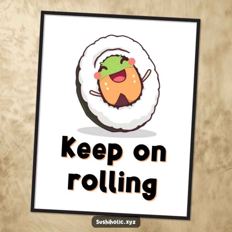 Funny poster of a joyful sushi roll character with a wide grin, depicted rolling downhill with infectious happiness.