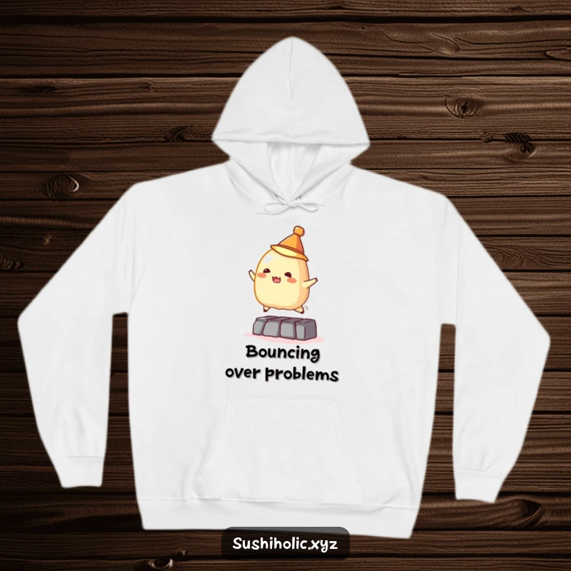Funny hoodie, cozy design of a mischievous tamago sushi wearing a tiny hat jumping over an obstacle, humorous food art.
