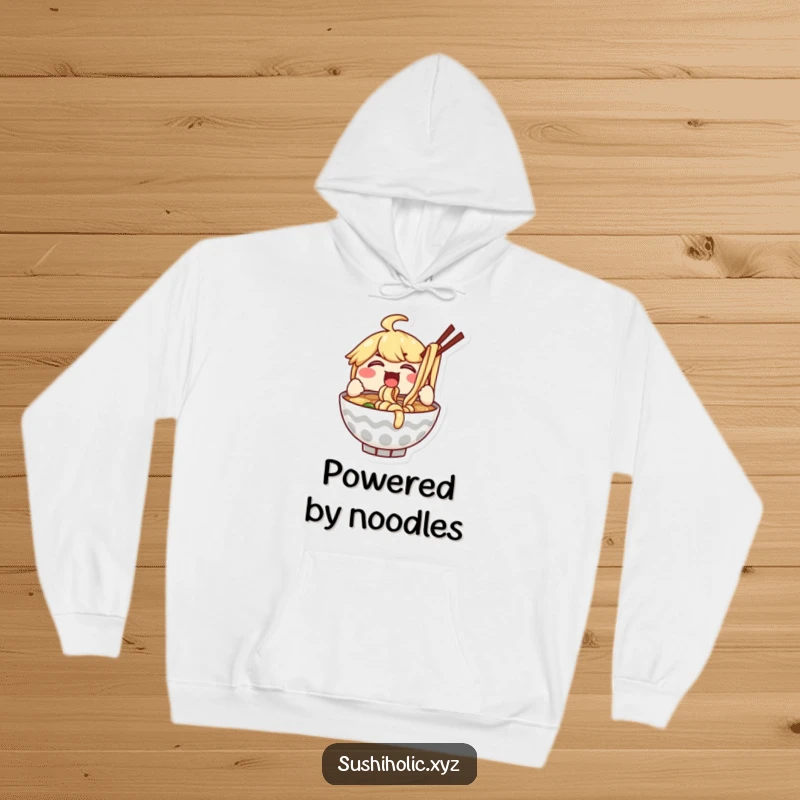 Funny hoodie depicting a delighted ramen bowl character enthusiastically slurping noodles, radiating warmth and happiness.
