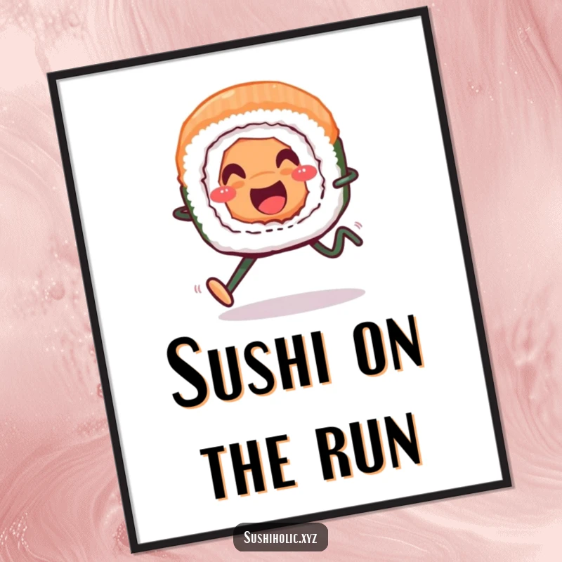 Funny free printable wall art: A smiling sushi roll with legs cheerfully running across a vibrant, bright background.