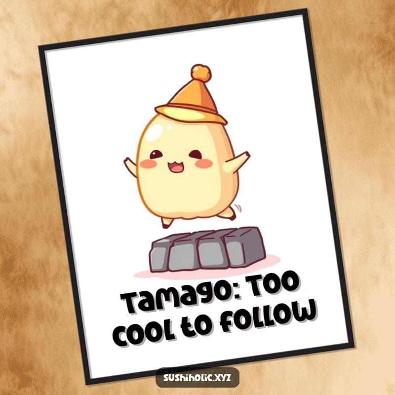 Funny free printable wall art: A mischievous tamago sushi wearing a tiny hat jumps playfully over a small obstacle.