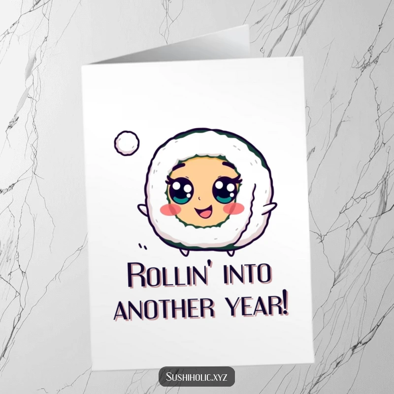 Funny Free Printable Birthday Card: Googly eye maki roll gleefully bouncing a tiny ball, spreading joy and birthday cheer.