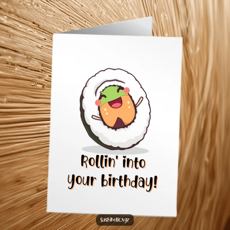 Funny Free Printable Birthday Card: Joyful sushi roll character happily rolling downhill, celebrating your special day.