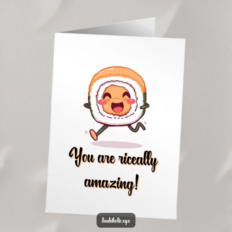 Funny free printable congratulations card: a smiling sushi roll with legs running fast to celebrate an achievement.