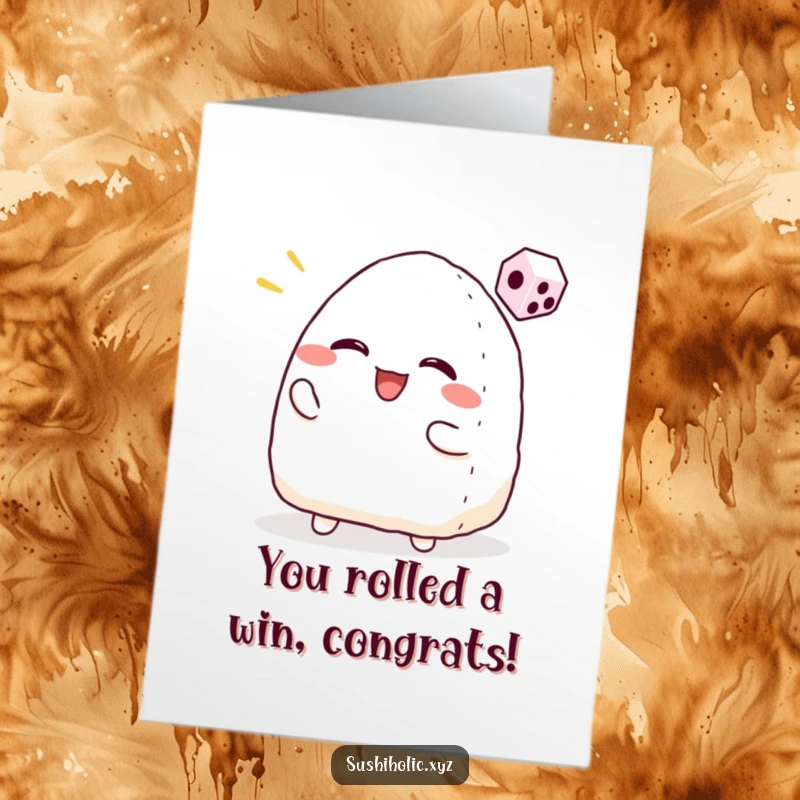Funny Free Printable Congratulations Card: Smiling onigiri character enthusiastically tossing a tiny dice, celebrating your awesome win.
