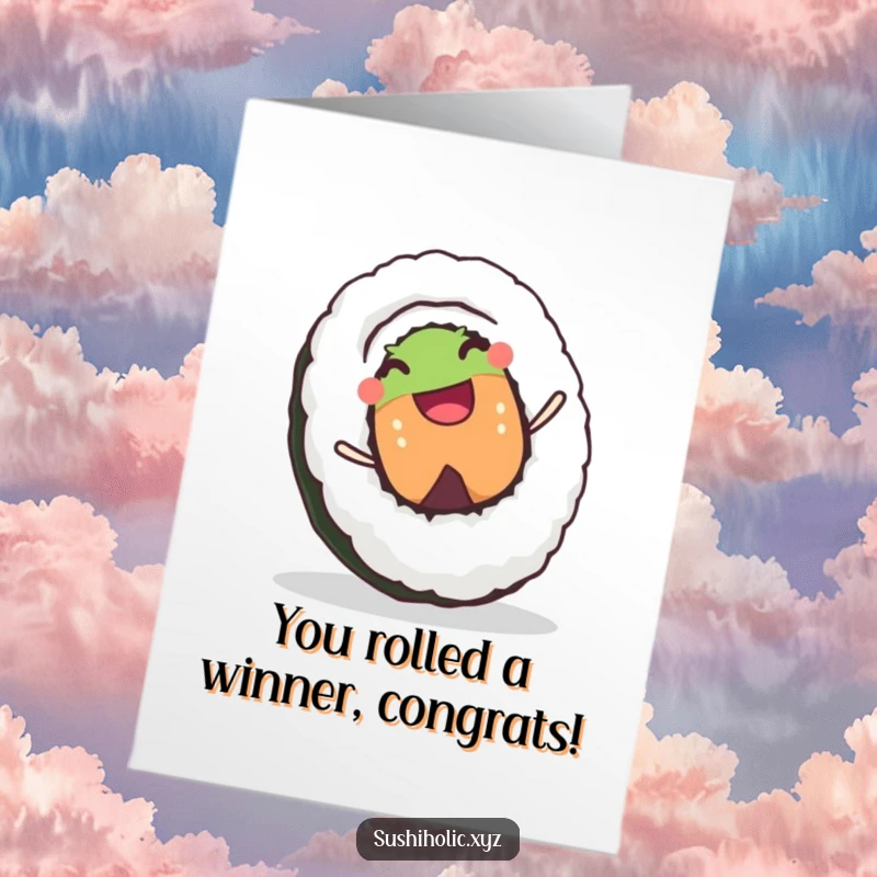 Funny Free Printable Congratulations Card: Joyful sushi roll character happily rolling downhill, cheering for your big win.