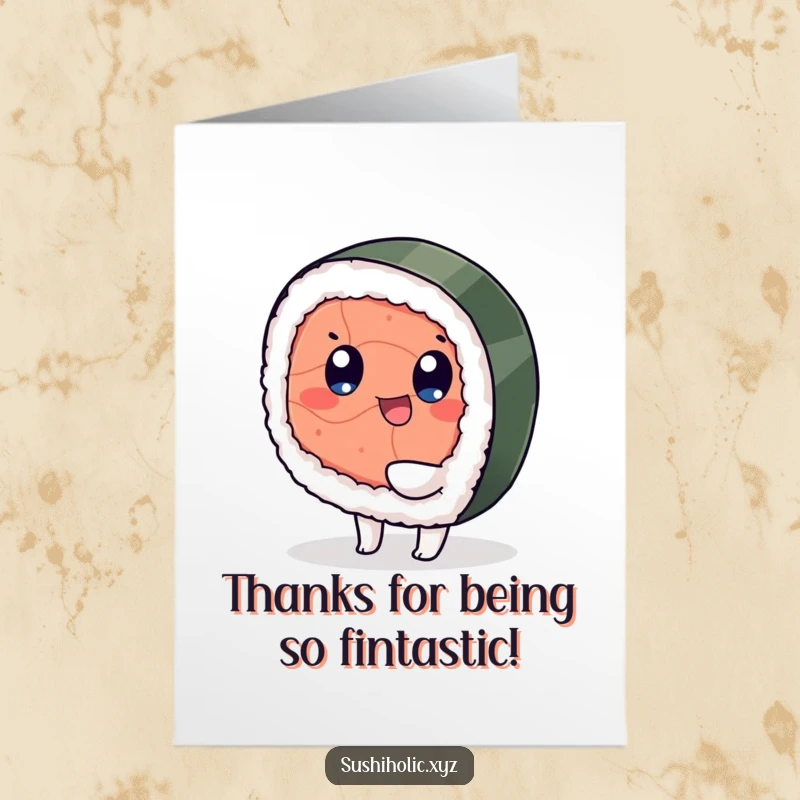 Funny free printable thank you card: a tuna sushi with eyes wiggling its foot happily, conveying thanks.