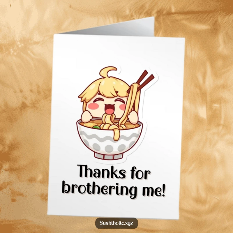 Funny Free Printable Thank You Card: Delighted ramen bowl character enthusiastically slurping noodles, offering thanks with love.