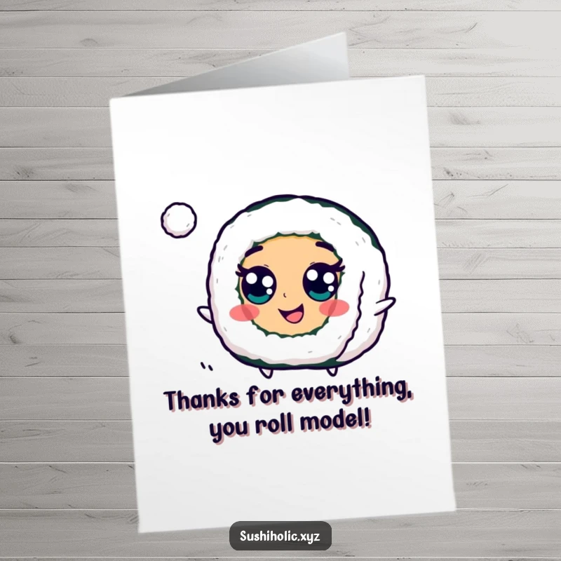 Funny Free Printable Thank You Card: Googly eye maki roll playing with a ball, sending thanks with a playful bounce.