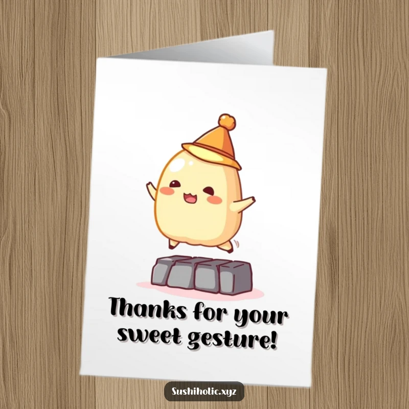 Funny free printable thank you card: a tamago sushi in a hat jumping over an obstacle, conveying thanks.