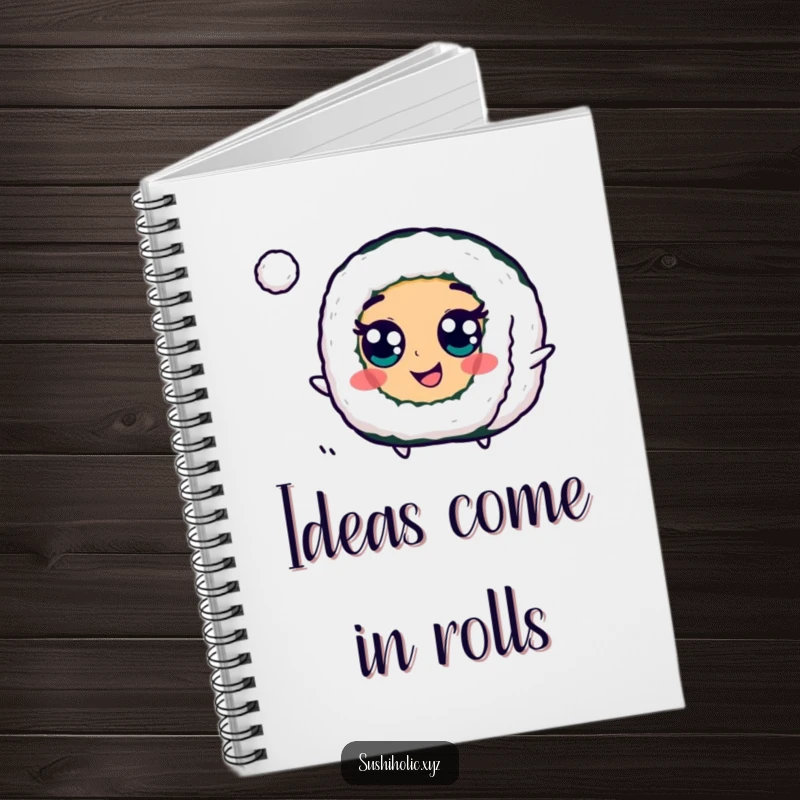 Funny Maki Roll Notebook with a cheerful sushi character sporting googly eyes, bouncing a tiny ball, designed for jotting down fun thoughts.