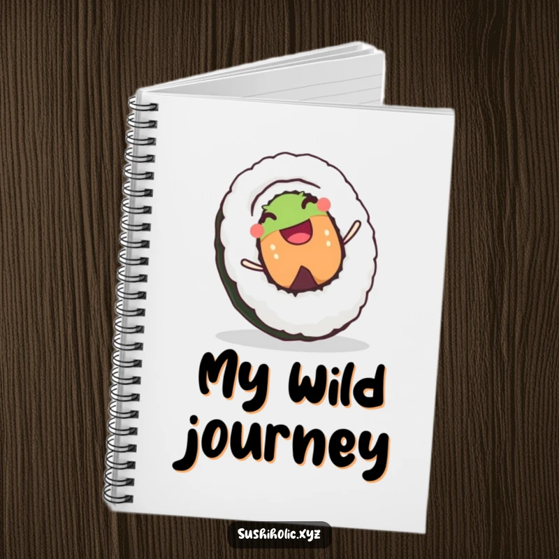 Funny notebook featuring a joyful sushi roll character rolling downhill with a happy grin, perfect for capturing inspired thoughts.