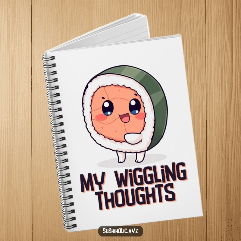 Funny notebook, playful tuna sushi character happily wiggling its foot, cheerful design for journaling, humorous stationery.