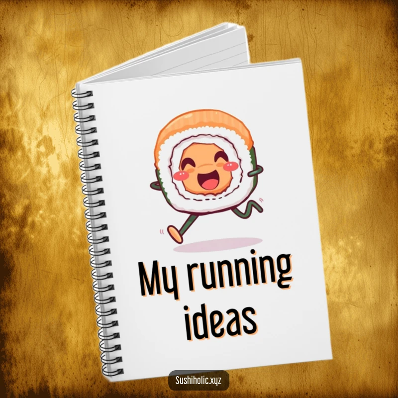 Funny notebook, smiling sushi roll with legs running cheerfully, energetic design for journaling, humorous stationery.