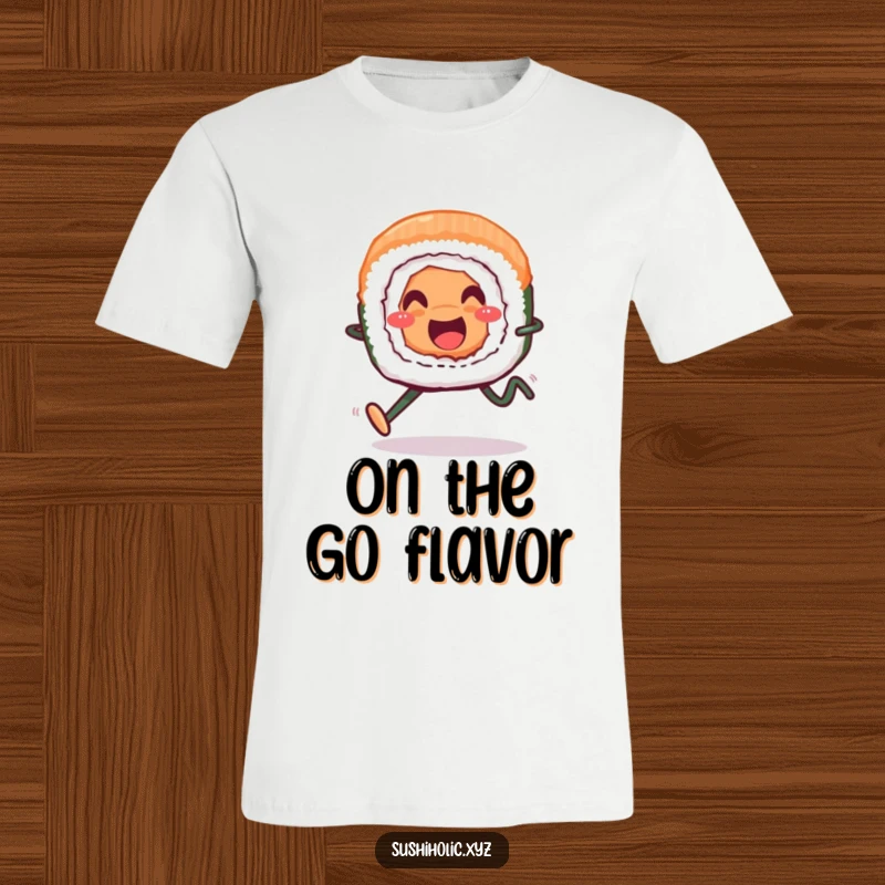 Funny T-shirt, a smiling sushi roll with legs running cheerfully on a bright background, humorous food character.