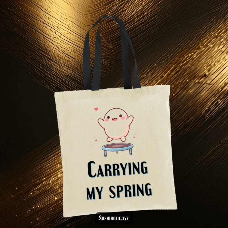 Funny Mochi Tote Bag showcasing a playful mochi character mid-bounce on a small trampoline, ideal for carrying joy.